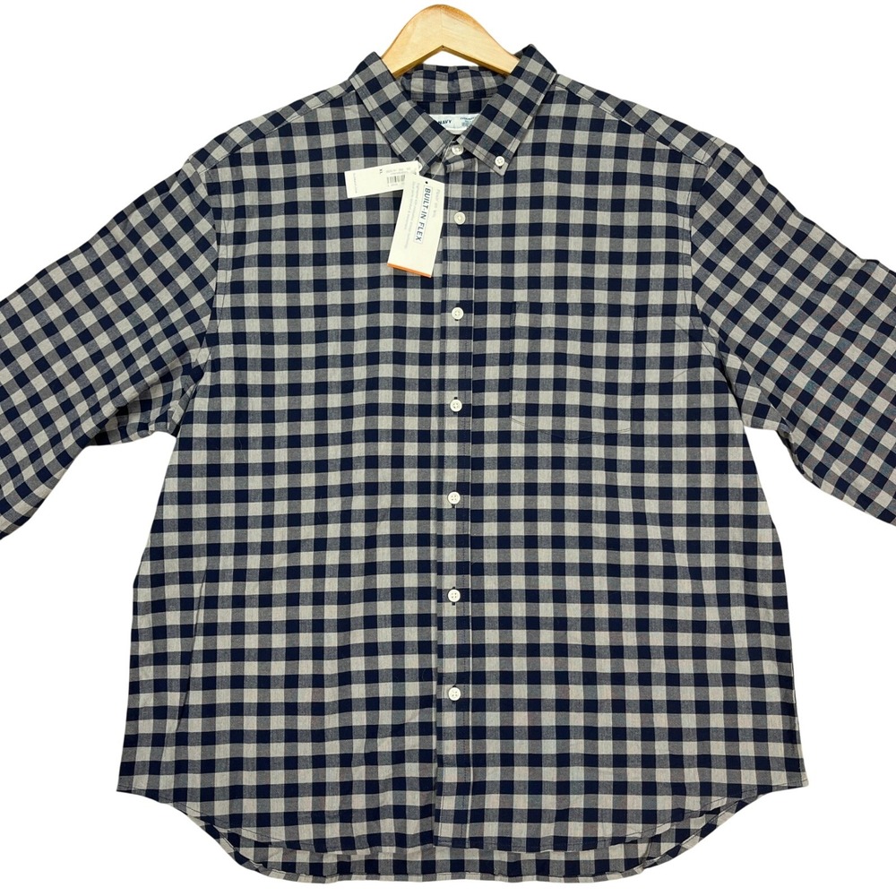 Old Navy Button Down Shirt Men XL Navy Blue Gray Gingham Check Built-In Flex NEW